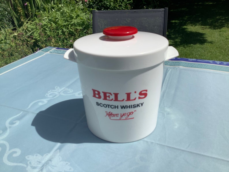 Bell's round white ice bucket with lid for ice cubes, with Bell's scotch whisky logo 'Afore ye go' image 6