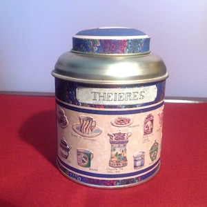 Scatola da tè rotonda francese vintage in metallo Theieres con coperchio rotondo