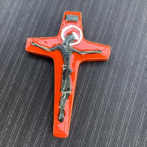 Vintage orange  glazed  Liturgical Cross Crucifix  Religious Christian Catholic modern style glazed ceramic perignem era, Bree Belgium