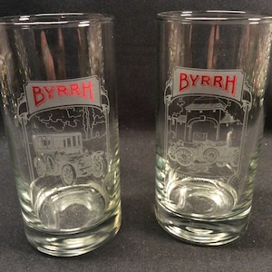 2 different vintage Byrrh automotive glasses, for aperitif, glasses F.N. 1908 and Hermes 1912 Byrrh belle époque advertising