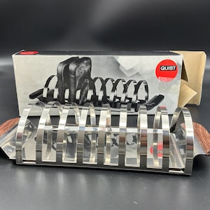 Vintage toast holder Quist stainless steel with teak handles