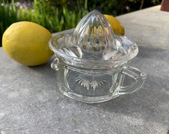 Vintage molded glass Lemon / Citrus Press Squeezer with receptacle , juicer country style kitchen.