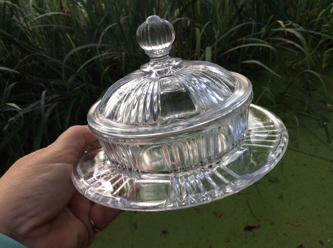 Vintage Round Glass Butter Dish With Glass Lid With Stripes and Glass