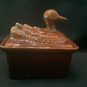 A beautiful vintage brown pate terrine with a duck on the lid, brown faience terrine with duck, Foie Gras Dish, Pate Terrine