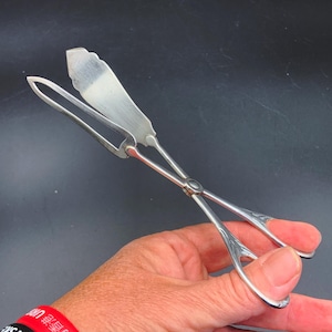 Può includere: Pinze da portata argentate con design a forbice. Un'estremità è piatta e a forma di spatola, l'altra appuntita. L'impugnatura presenta un motivo traforato. Le pinze sono tenute su uno sfondo scuro. Ideali per servire cibo.