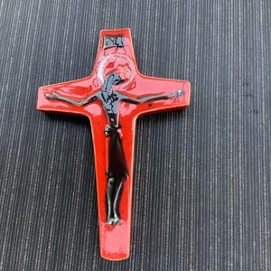 Vintage red  glazed  Liturgical Cross Crucifix  Religious Christian Catholic modern style glazed ceramic perignem era, Bree Belgium