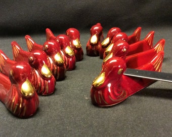 10 Vintage art deco ceramic duck Knife Rests -  Burgundy and gold glazed ceramic ducks cutlery holder, from the '30 - '40 ties