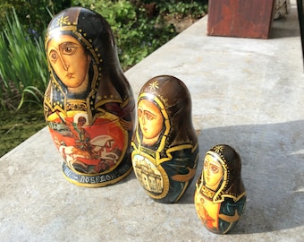 Vintage Hand-Painted Russian Matryoshka Doll, St George, Signed, 3 Piece