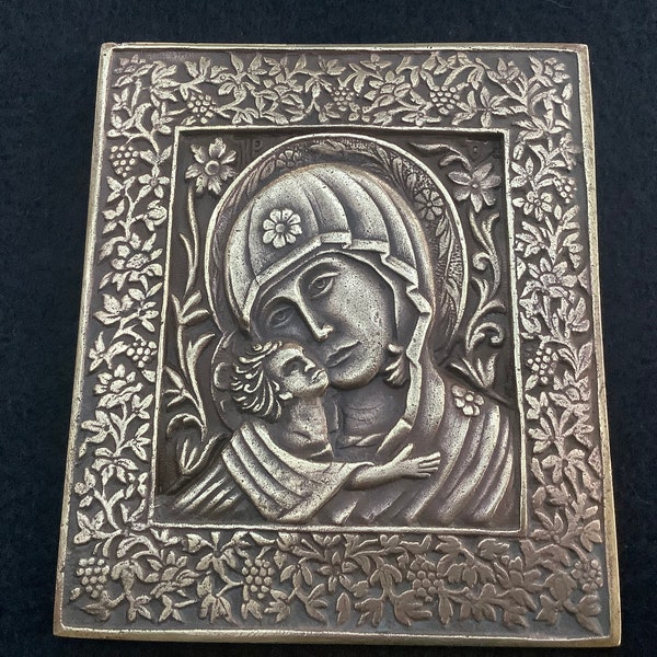 petite plaque murale icône en laiton avec l'image orthodoxe de la sainte mère marie avec enfant