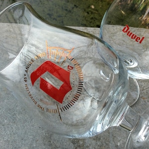 2 vintage Duvel glasses by brewery Moortgat, with the red D logo Duvel, tulip glass, Belgian beer, Belgium, &#39;Duvelish 45 degree angle&#39;