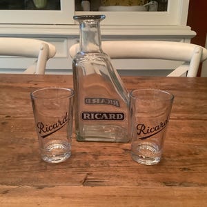 Ricard Vintage French  Ricard Water jug  + 2 old Ricard glasses for pastis, Ricard glasses  with blue logo Ricard