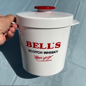 Bell's round white ice bucket with lid for ice cubes, with Bell's scotch whisky logo 'Afore ye go' image 2