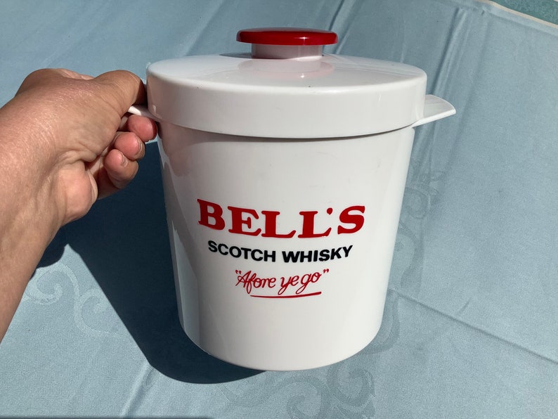 Bell's round white ice bucket with lid for ice cubes, with Bell's scotch whisky logo 'Afore ye go' image 2
