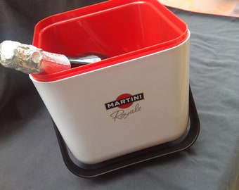Martini Royale white ice bucket with lid and  black handle, for bottle and ice cubes, red inside. Martini Royale logo