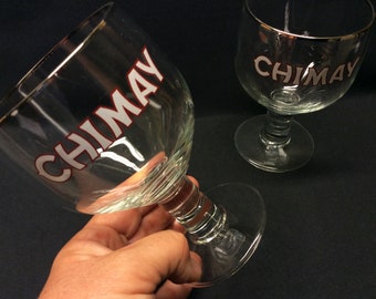 2 vintage glasses for the famous Chimay Trappist beer, Belgian beer, chalice-shaped glass  on a heavy foot.