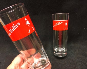 2 vintage Johnnie Walker long drink glass cups - with walking man, Johnnie walker whiskey with red logo and lettering