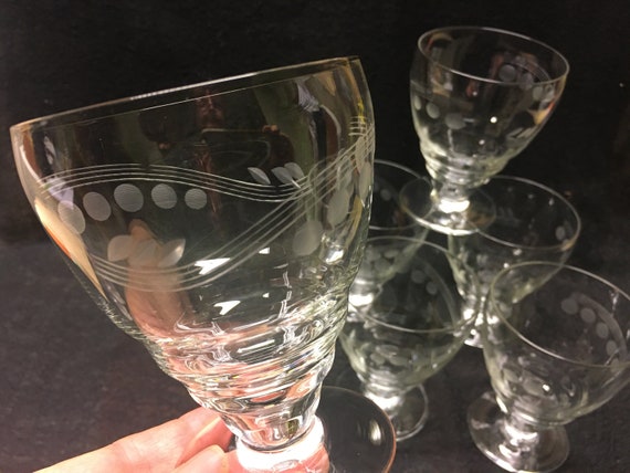 6 Vintage Art Deco Cut Crystal Wine Glasses 