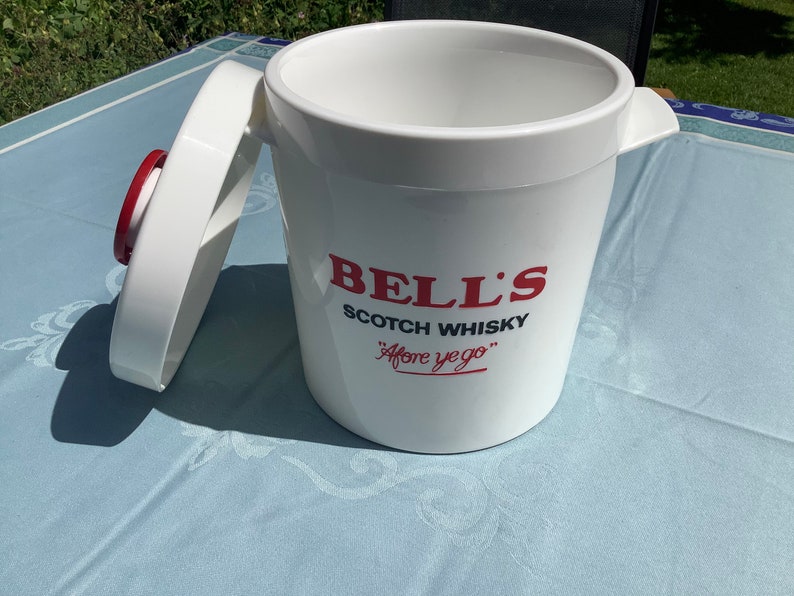 Bell's round white ice bucket with lid for ice cubes, with Bell's scotch whisky logo 'Afore ye go' image 8