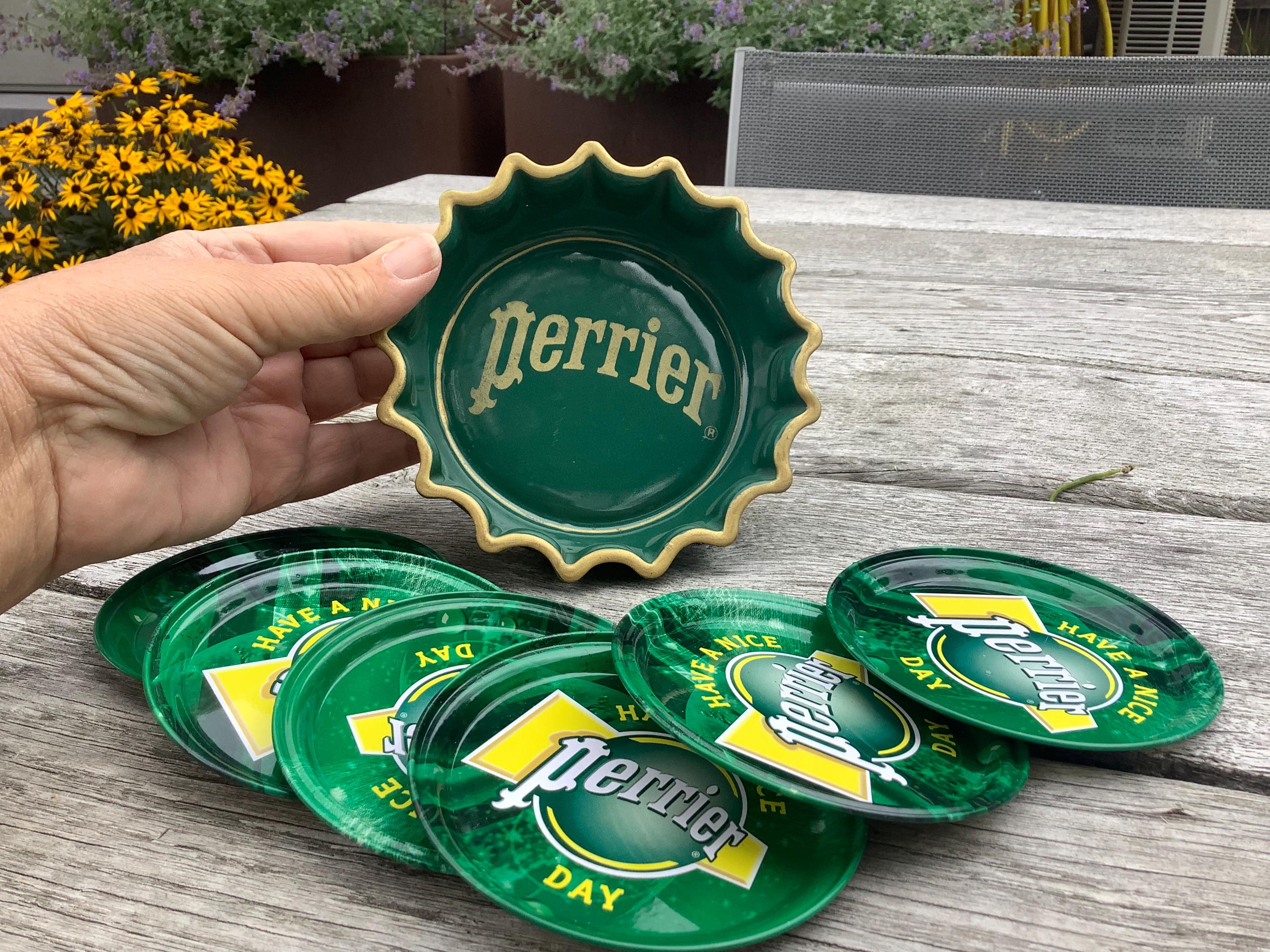 Vintage Ceramic Perrier Ashtray, Green Bottle Cap Design, Bar