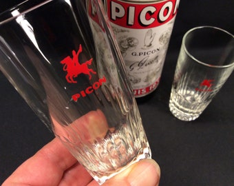 Set of 2 vintage  sell glasses  of picon, with picon in red logo, Picon Advertising Tumblers, Retro Bistro Decor, made in France