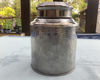 vintage Hammered Silver metal (stainless steel) tea canister, container, box, tin, tea storage