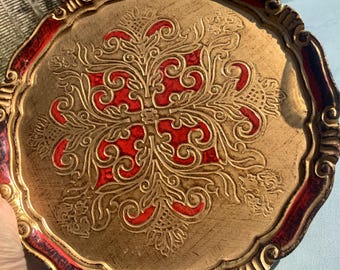 Vintage Florentine Tray, Red and Gold Hand-Painted Serving Tray, Italy