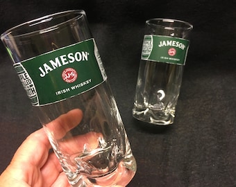 2 vintage Jameson Irish whiskey tumbler glasses with green band