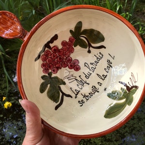 A vintage ceramic tastevin, very large, hand made and painted, Pérouges, made in france, decorative wine illustration and saying