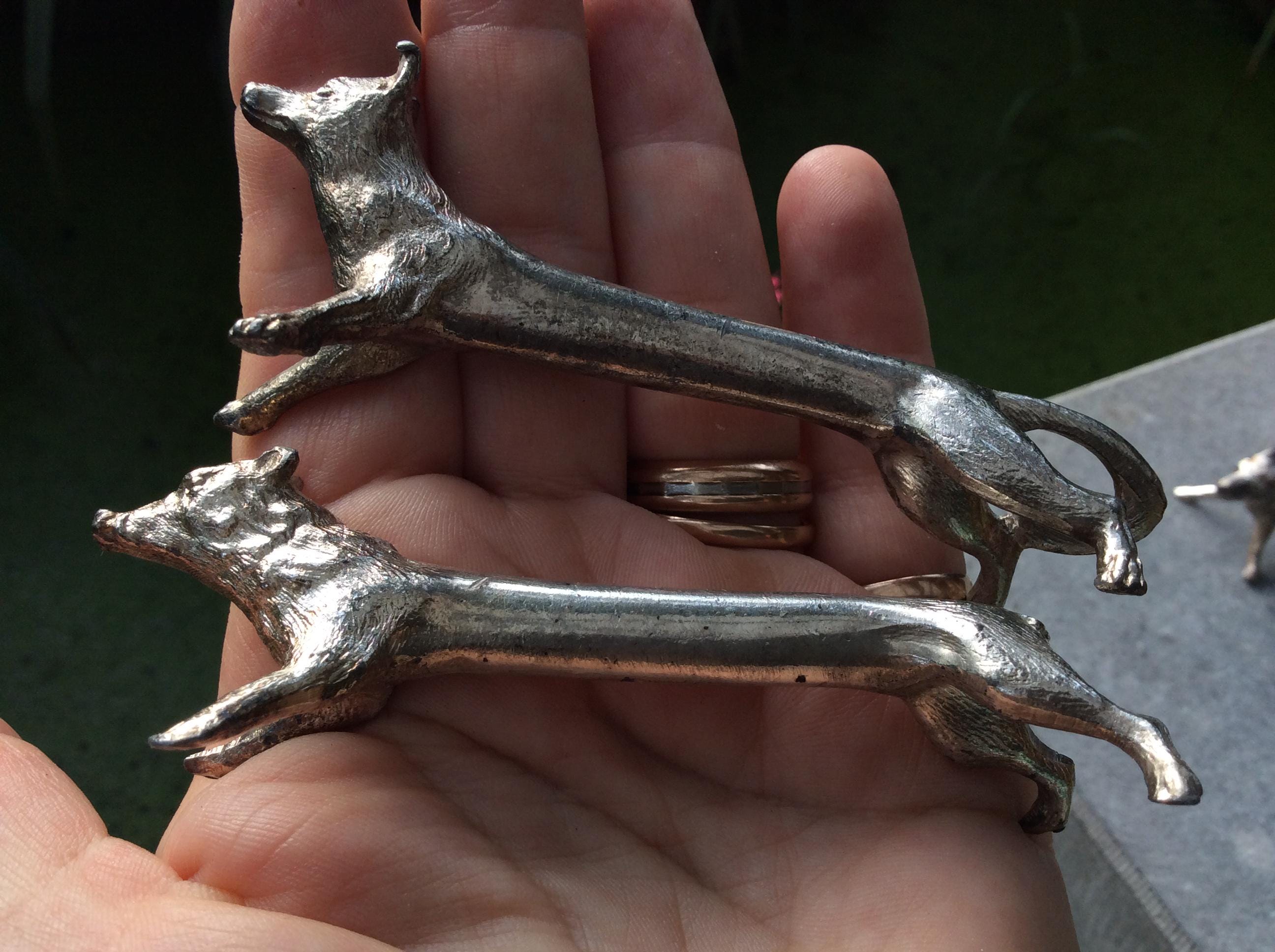 Lot De 6 Porte-couteaux En étain - Motifs Animaliers Sanglier, Chat, Chien - Argenté