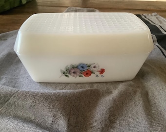 Vintage Arcopal Butter Dish with Lid: French Opal Glass Anemone Flowers