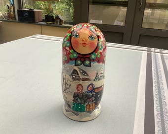 Muñeca rusa de invierno vintage, Matryoshka pintada a mano, 5 piezas