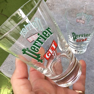 A Pair of French Perrier GET 27 glasses, Vintage Bistrot / Cafe Restaurant Perrier Glasses with the famous Perrier logo with GET 27