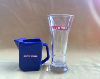 Vintage Blue Pernod Keramik Wasserkrug und Glas Set, French Pastis Barware