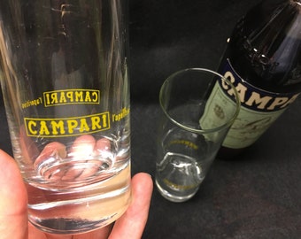 2 Vintage Campari longdrinkglazen, met geel opschrift Campari l&#39;aperitivo reclame
