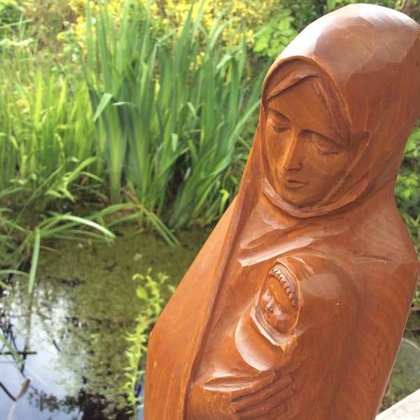 Madone en bois, mère Marie avec enfant Jesus , Statue Figurine, Sculpture de décor de prière religieuse, en bois