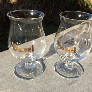 2 vintage small Duvel glasses (16.5 cl/5.58 oz) from brewery Moortgat, with the golden Duvel logo, tulip glass, Belgian beer, Belgium