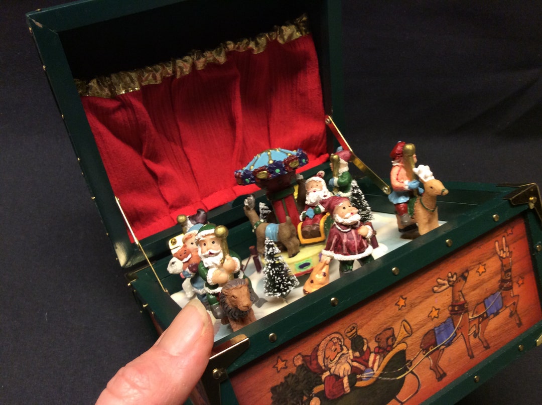 Christmas Music Box With Moving Figures, Santa and His Helpers