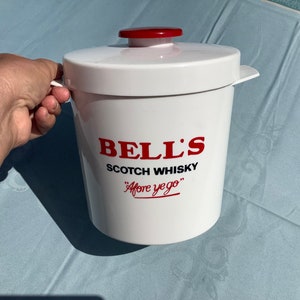 Bell's round white ice bucket with lid for ice cubes, with Bell's scotch whisky logo 'Afore ye go' image 10