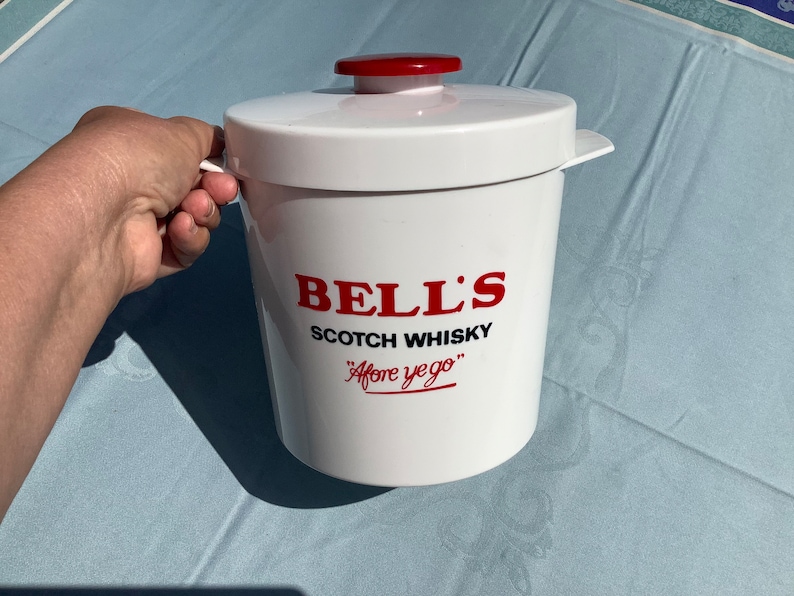 Bell's round white ice bucket with lid for ice cubes, with Bell's scotch whisky logo 'Afore ye go' image 10