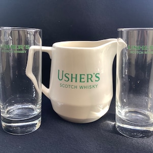 rare vintage Usher&#39;s water jug, Scotch whisky, water jug, jug with two cUsher&#39;s glasses