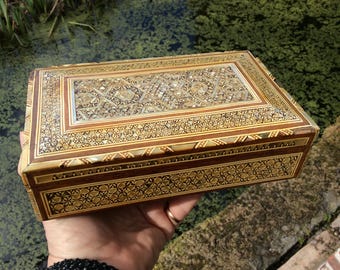 Vintage Syrian wooden box inlaid with mother of pearl and bone, fine Moorish micro mosaic inlaid