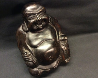 Vintage hand made wood sculpted laughing Buddha, placing the Buddha in your home to maintain a positive and harmonious vibe, wooden Buddha