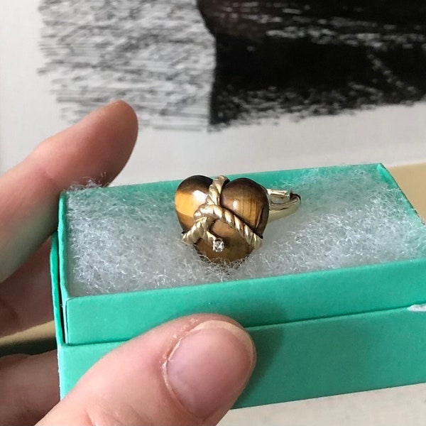 Vintage Ring Tiger's Eye Heart Tied Up in 14k Gold Rope with Diamond Tip