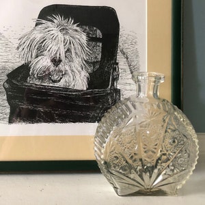 May include: A black and white line drawing of a small dog sitting in a stroller, framed in a green frame. A clear glass bottle with a textured surface sits in front of the frame.