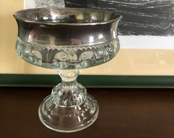 Vintage Pressed Glass King's Crown Thumbprint Compote with Silver Rim