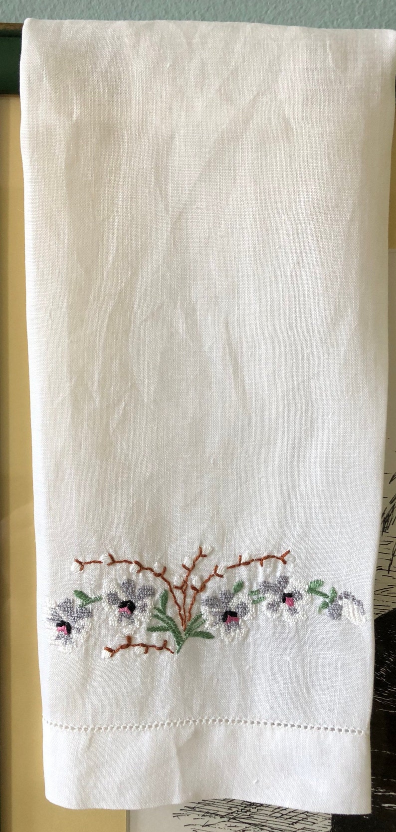 Vintage White Linen Tea Towel With Hand Embroidered Trim Etsy