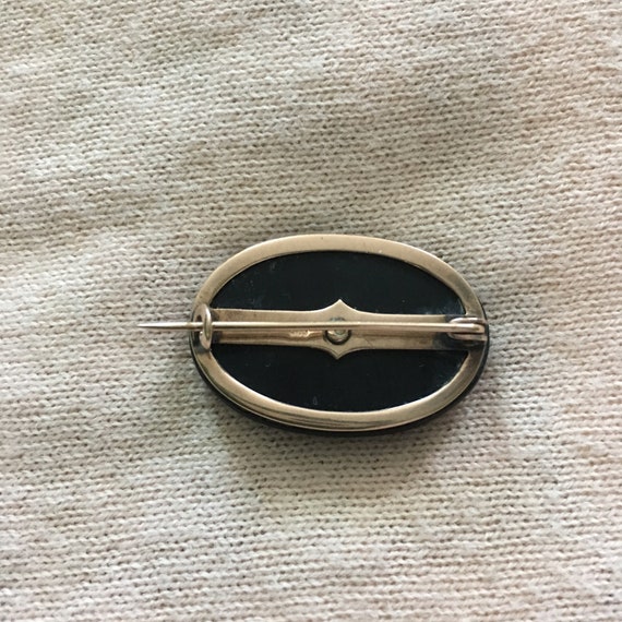 Vintage 14K 585 Gold Matte Onyx Brooch with Pearl - image 5