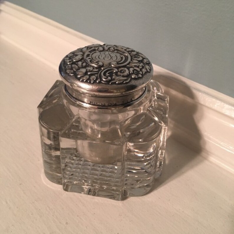 Antique Crystal Inkwell Paperweight With Ornate 716 Sterling Silver