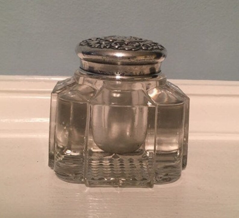 Antique Crystal Inkwell Paperweight With Ornate 716 Sterling Silver