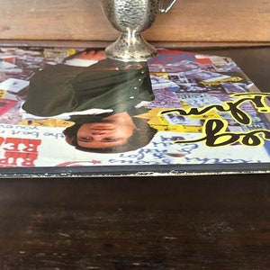 Op de afbeelding: Een zwart vinyl-muziekalbum met een kleurrijke collage van afbeeldingen op de hoes. De hoes van het album toont een man die een groene jas en een geel shirt draagt. De titel van het album is "The Rod Stewart Album" in gele letters.